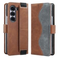 Per Samsung Galaxy Z Fold6 VIETAO Custodia per telefono in pelle con giunzioni integrate con cinturino elastico (marrone)