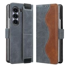 Per Samsung Galaxy Z Fold5 VIETAO Custodia per telefono in pelle con giunzioni integrate con cinturino elastico (grigio)