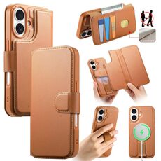 Per iPhone 16 Plus Custodia Neo Finger Grip Strap MagSafe Custodia in pelle per telefono (marrone)