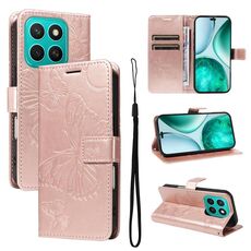 Per Honor X8C 4G Custodia per telefono in pelle con motivo a farfalla in rilievo 3D globale (oro rosa)