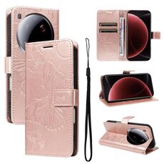Per Xiaomi 15 Ultra 5G Global 3D Butterfly Embossed Pattern Flip Custodia in Pelle per Telefono (Oro Rosa)