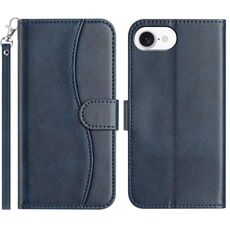 Per iPhone 16e Custodia in pelle a forma di S a doppia piega (blu navy)