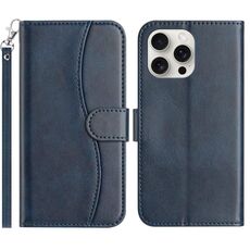 Per iPhone 16 Pro Max Custodia in pelle a forma di S a doppia piega (blu navy)