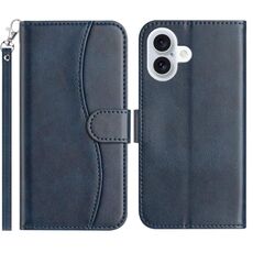 Per iPhone 16 Plus Custodia in pelle a forma di S a doppia piega (blu navy)