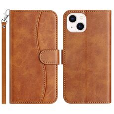 Per iPhone 15 Plus Custodia in pelle a forma di S a doppia piega (marrone)