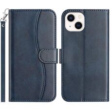 Per iPhone 15 Plus Custodia in pelle a forma di S a doppia piega (blu navy)