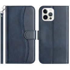Per iPhone 12 Pro Max Custodia in pelle a forma di S a doppia piega (blu navy)