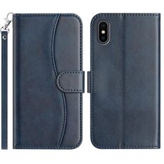 Per iPhone X / XS Custodia per telefono in pelle a forma di S a doppia piega (blu navy)