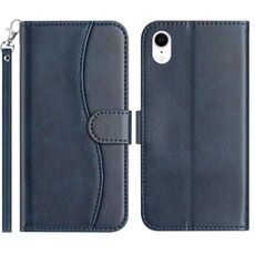 Per iPhone XR Custodia per telefono in pelle a forma di S con doppia piegatura (blu navy)