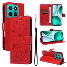 Per Honor X8c 4G Custodia per telefono in pelle con stampa gatto e ape (rosso)