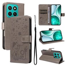 Per Honor X8c 4G Custodia per telefono in pelle con stampa gatto e ape (grigio)