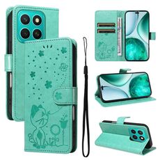 Per Honor X8c 4G Custodia per telefono in pelle con stampa gatto e ape (verde)