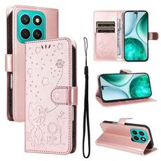 Per Honor X8c 4G Custodia per telefono in pelle con stampa gatto e ape (oro rosa)