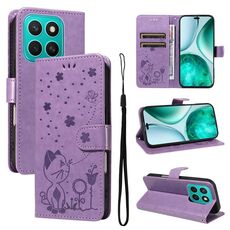 Per Honor X8c 4G Custodia per telefono in pelle con motivo a gatto e ape in rilievo (viola)