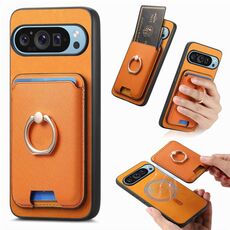 Per Google Pixel 9a Retro Cross Leather Ring Vertical Insert Card Bag MagSafe Custodia per telefono (giallo)