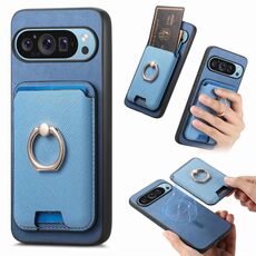 Per Google Pixel 9a Retro Cross Leather Ring Vertical Insert Card Bag MagSafe Custodia per telefono (blu)