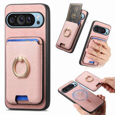 Per Google Pixel 9a Retro Cross Leather Ring Vertical Insert Card Bag MagSafe Custodia per telefono (rosa)