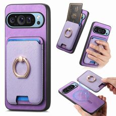Per Google Pixel 9a Retro Cross Leather Ring Vertical Insert Card Bag MagSafe Custodia per telefono (viola)