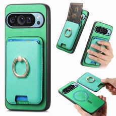 Per Google Pixel 9a Retro Cross Leather Ring Vertical Insert Card Bag MagSafe Custodia per telefono (verde)