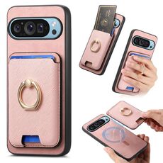 Per Google Pixel 9 Pro XL Retro Cross Leather Ring Vertical Insert Card Bag MagSafe Custodia per telefono (rosa)