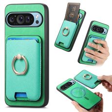 Per Google Pixel 9 Pro XL Retro Cross Leather Ring Vertical Insert Card Bag MagSafe Custodia per telefono (verde)