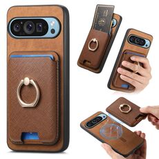 Per Google Pixel 9 Pro XL Retro Cross Leather Ring Vertical Insert Card Bag MagSafe Custodia per telefono (marrone)