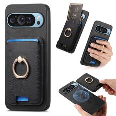 Per Google Pixel 9 Pro XL Retro Cross Leather Ring Vertical Insert Card Bag MagSafe Custodia per telefono (nero)