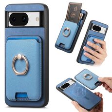 Per Google Pixel 8a Retro Cross Leather Ring Vertical Insert Card Bag MagSafe Custodia per telefono (blu)