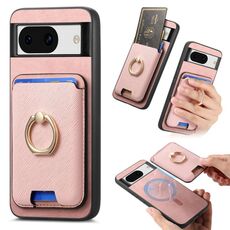 Per Google Pixel 8a Retro Cross Leather Ring Vertical Insert Card Bag MagSafe Custodia per telefono (rosa)