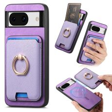 Per Google Pixel 8a Retro Cross Leather Ring Vertical Insert Card Bag MagSafe Custodia per telefono (viola)