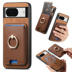 Per Google Pixel 8a Retro Cross Leather Ring Vertical Insert Card Bag MagSafe Custodia per telefono (marrone)