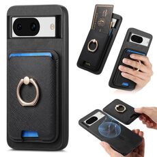 Per Google Pixel 8a Retro Cross Leather Ring Vertical Insert Card Bag MagSafe Custodia per telefono (nero)