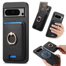 Per Google Pixel 8 Pro Retro Cross Leather Ring Vertical Insert Card Bag MagSafe Custodia per telefono (nero)