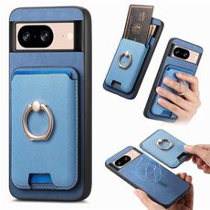 Per Google Pixel 8 Retro Cross Leather Ring Vertical Insert Card Bag MagSafe Custodia per telefono (blu)