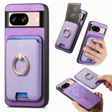 Per Google Pixel 8 Retro Cross Leather Ring Vertical Insert Card Bag MagSafe Custodia per telefono (viola)