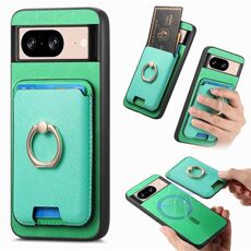 Per Google Pixel 8 Retro Cross Leather Ring Vertical Insert Card Bag MagSafe Custodia per telefono (verde)