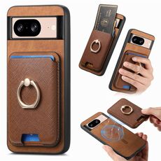 Per Google Pixel 8 Retro Cross Leather Ring Vertical Insert Card Bag MagSafe Custodia per telefono (marrone)