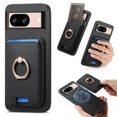 Per Google Pixel 8 Retro Cross Leather Ring Vertical Insert Card Bag MagSafe Custodia per telefono (nero)