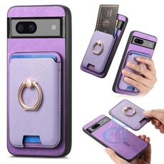 Per Google Pixel 7a Retro Cross Leather Ring Vertical Insert Card Bag MagSafe Custodia per telefono (viola)