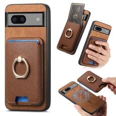 Per Google Pixel 7a Retro Cross Leather Ring Vertical Insert Card Bag MagSafe Custodia per telefono (marrone)