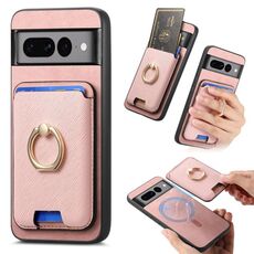 Per Google Pixel 7 Pro Retro Cross Leather Ring Vertical Insert Card Bag MagSafe Custodia per telefono (rosa)