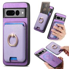 Per Google Pixel 7 Pro Retro Cross Leather Ring Vertical Insert Card Bag MagSafe Custodia per telefono (viola)