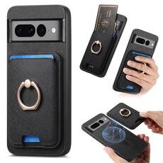 Per Google Pixel 7 Pro Retro Cross Leather Ring Vertical Insert Card Bag MagSafe Custodia per telefono (nero)