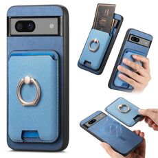 Per Google Pixel 7 Retro Cross Leather Ring Vertical Insert Card Bag MagSafe Custodia per telefono (blu)