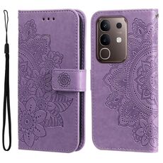 Per vivo Y29 4G Custodia in pelle con stampa a fiori a sette petali (viola chiaro)