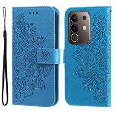 Per vivo Y29 4G Custodia in pelle con stampa a fiori a sette petali (blu)