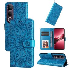 Per vivo V50 Lite 4G / 5G Custodia per telefono in pelle con motivo girasole in rilievo (blu)