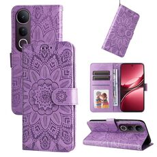Per vivo V50 Lite 4G / 5G Custodia per telefono in pelle con motivo girasole in rilievo (viola)