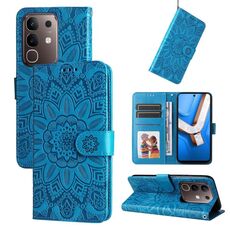 Per vivo Y29 4G Custodia per telefono in pelle con motivo girasole in rilievo (blu)