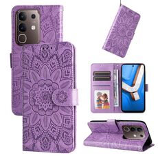 Per vivo Y29 4G Custodia per telefono in pelle con motivo girasole in rilievo (viola)